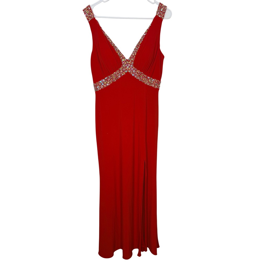 Betsy & Adam Womens Red Beaded Gown Dress Size 10 Formal Evening Prom Side Slit